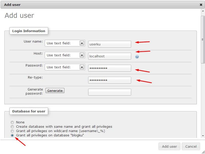 form tambah user di phpmyadmin xampp, membuat database xampp