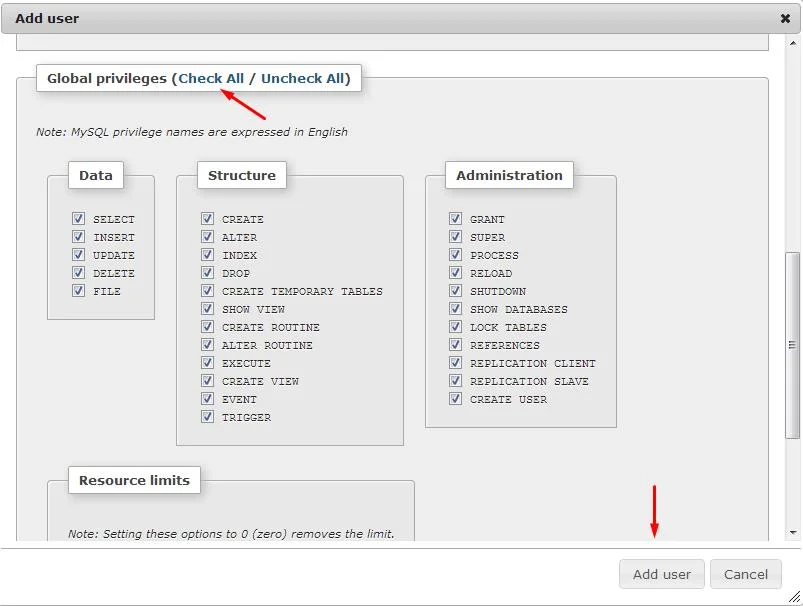 check privileges phpmyadmin xampp, membuat database xampp