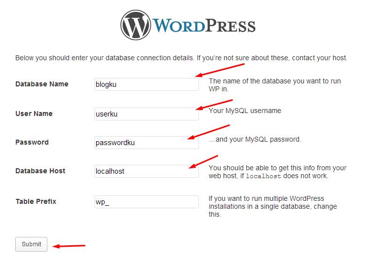 Install WordPress di Localhost Menggunakan XAMPP 6 10-form-isian-database-wordpress-offline