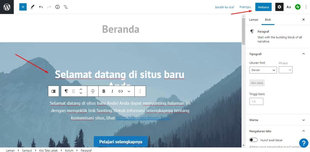 tampilan halaman wordpress bawaan